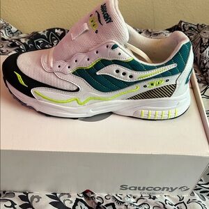 Saucony men White Teal Sneakers with Neon Yellow Accents